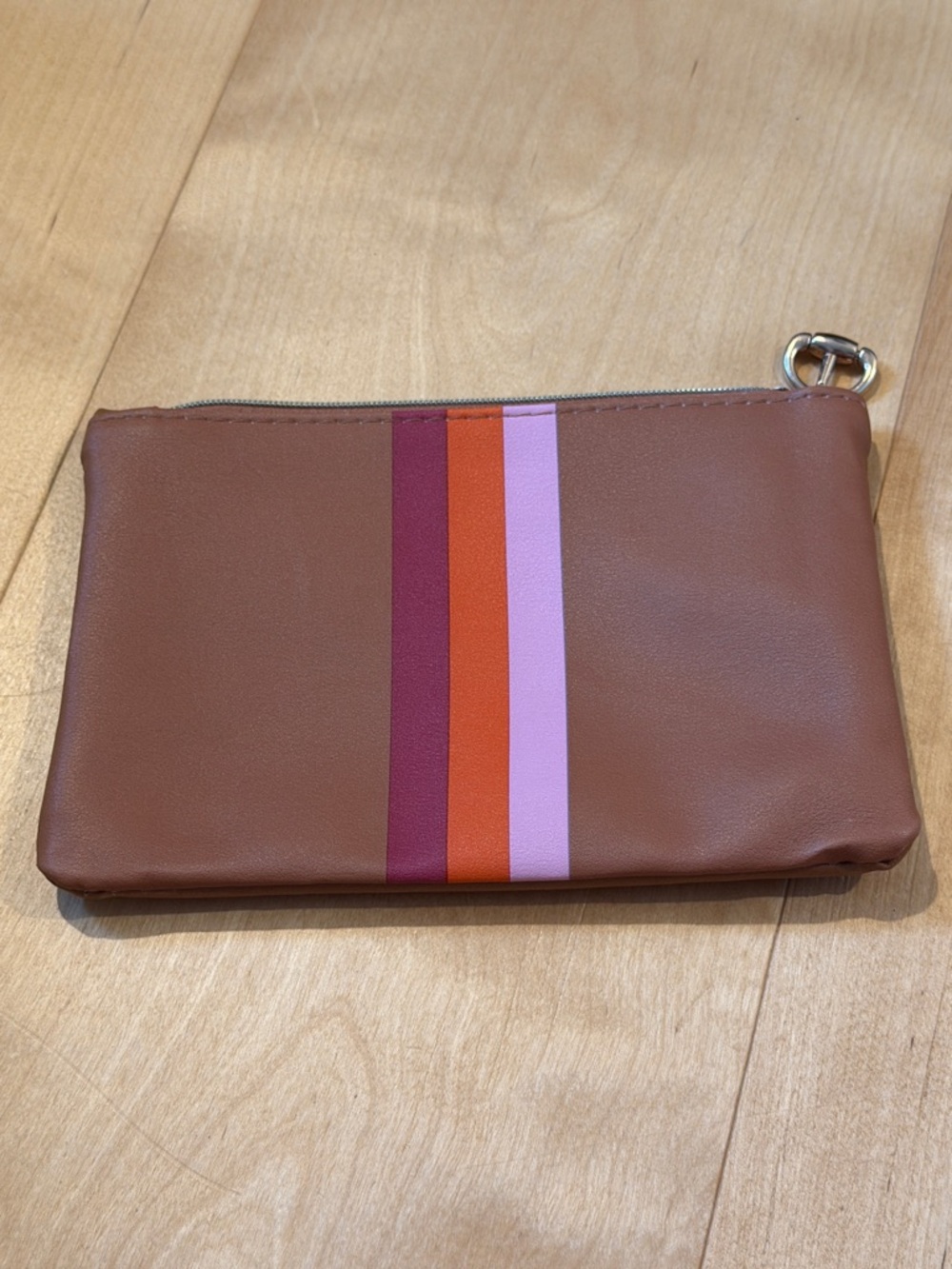 ipsy Brown Cosmetic Pouch with Pink, Orange and Burgundy Stripes